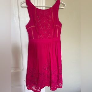 Anthropologie, Hot pink, lace and cut out details with nude liner behind.
